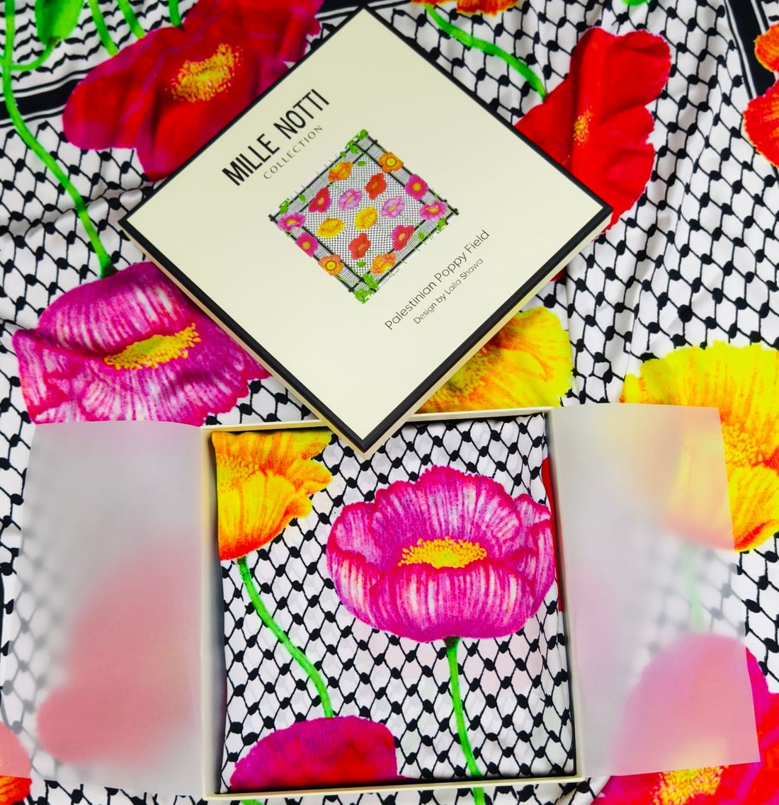 The Mille Notti Collection - Limited Edition- Luxury Pure Silk Palestinian Scarves- The Palestinian Poppy Field