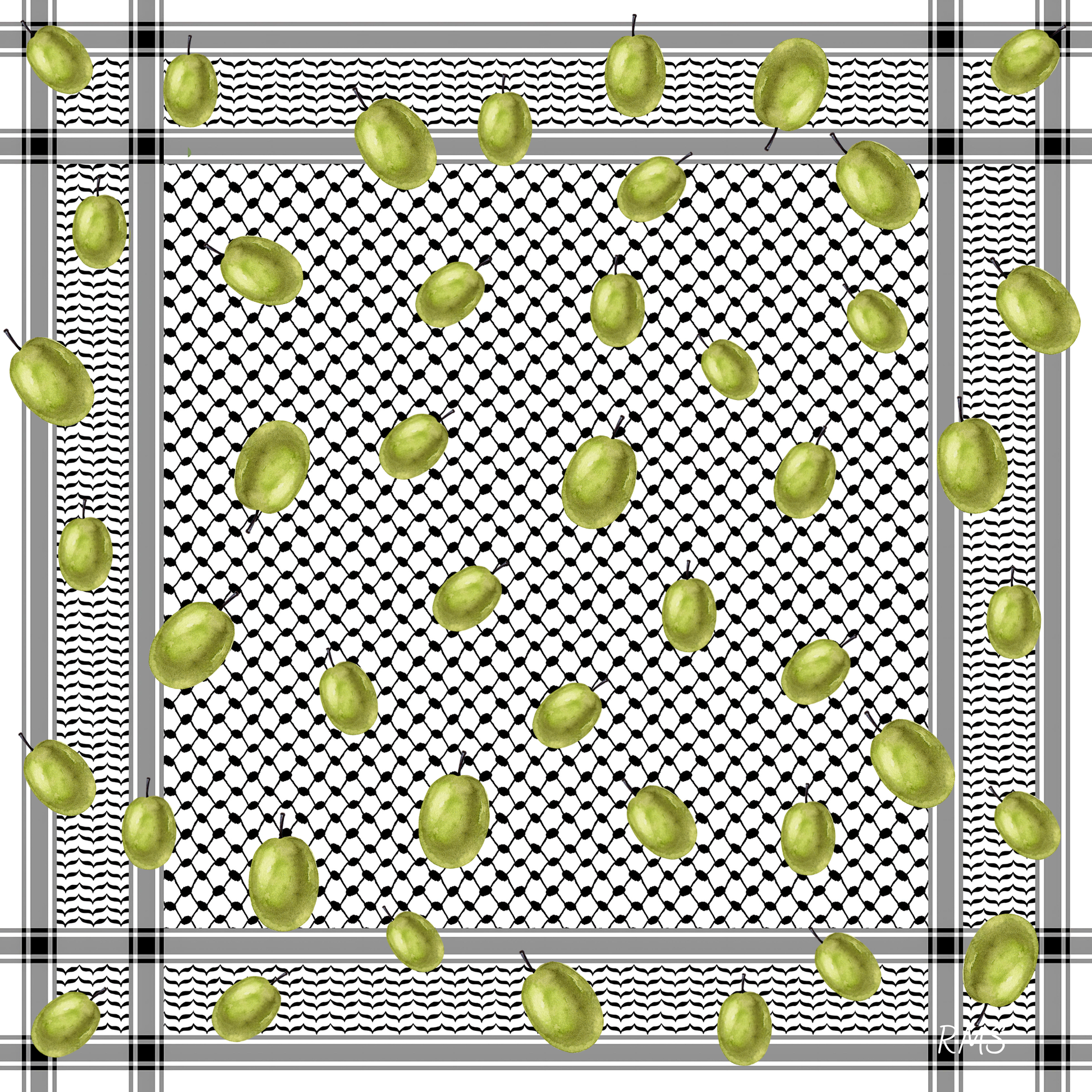 Close-up of the 'Palestine and Olives' pure silk scarf, detailing the high-definition print of olive branches on the intricate black and white kuffiyeh weave | Gifting Spree