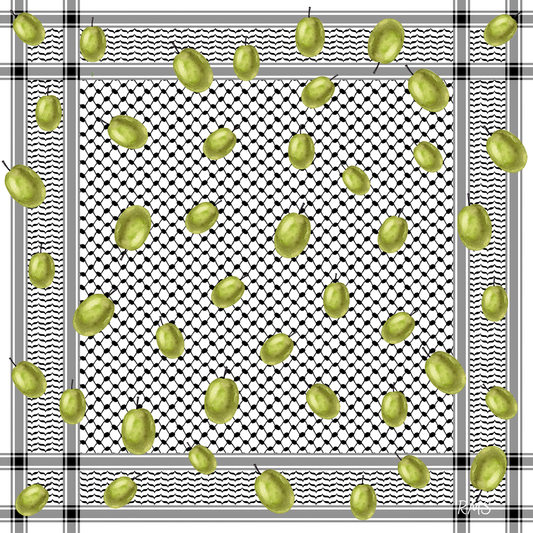 Close-up of the 'Palestine and Olives' pure silk scarf, detailing the high-definition print of olive branches on the intricate black and white kuffiyeh weave | Gifting Spree