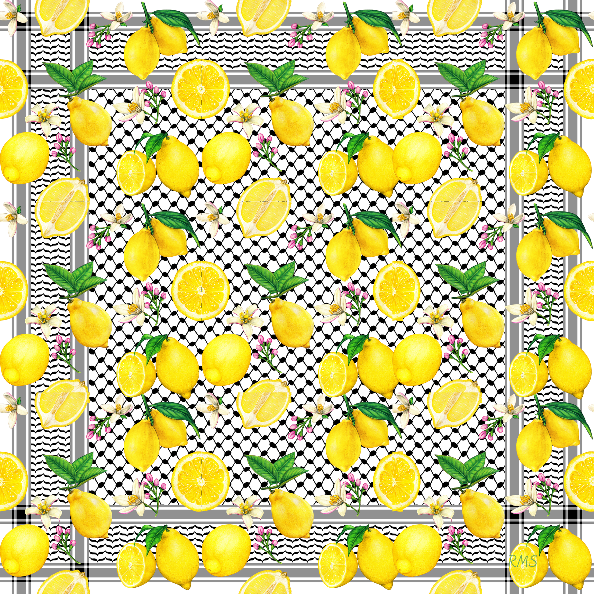 A square silk scarf (110x110cm) displaying an original design that combines the classic Palestinian kuffiyeh pattern with a bright, all-over print of yellow lemons | Gifting Spree