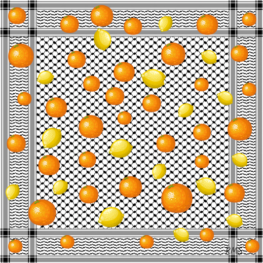 A limited-edition silk scarf designed as a tribute to Gaza's agricultural heritage, featuring a unique pattern of oranges and lemons on a kuffiyeh backdrop | Gifting Spree