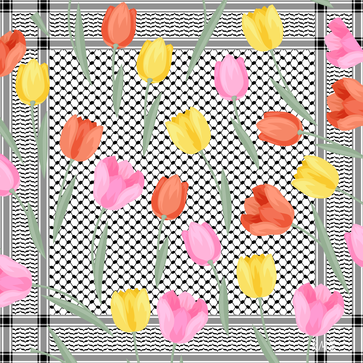 A square silk scarf (110x110cm) with a vibrant, double-sided print showing tulip flowers on the iconic Palestinian kuffiyeh pattern | Gifting Spree