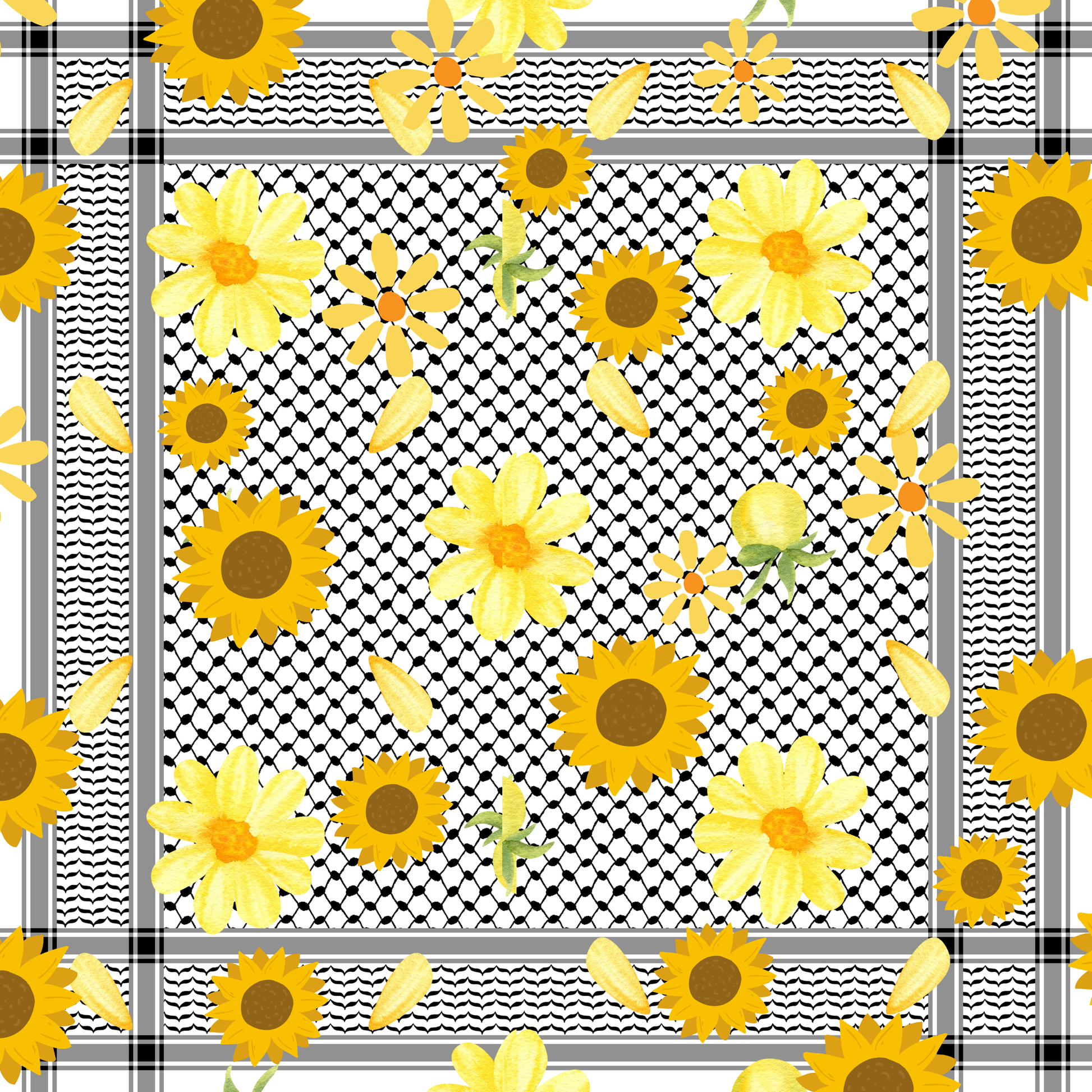 A limited-edition silk scarf designed as a tribute, featuring a unique sunflower and kuffiyeh pattern to celebrate resilience and unwavering hope | Gifting Spree