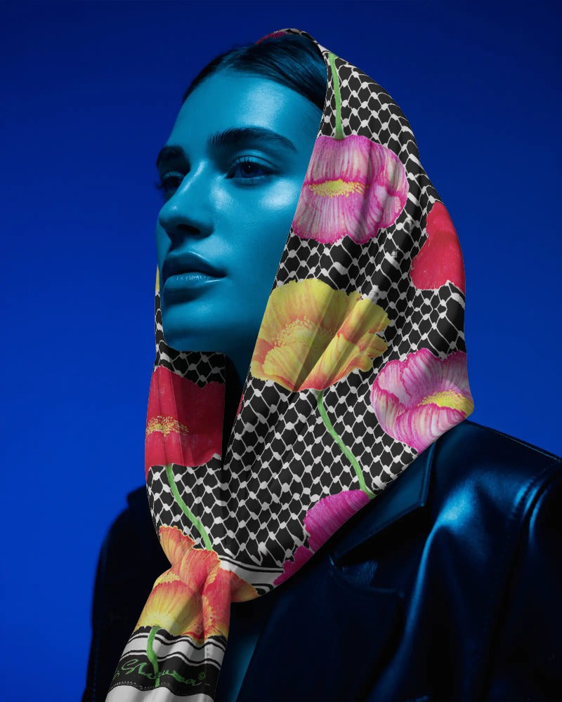 Palestinian Poppy Fields (Black) Kuffiyeh Silk Scarf - Laila Shawa