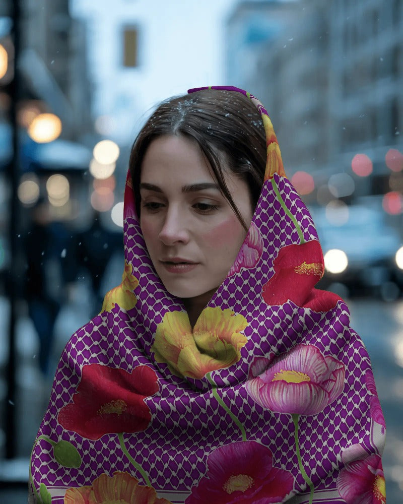 Palestinian Poppy Fields (Purple) Kuffiyeh Silk Scarf - Laila Shawa