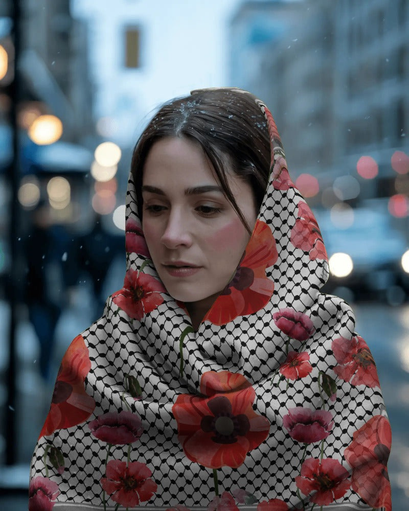 Palestine and Red Poppy Kuffiyeh Silk Scarf