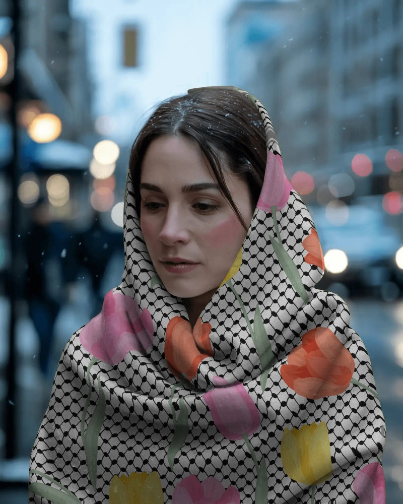 Palestine and Tulips Kuffiyeh Silk Scarf