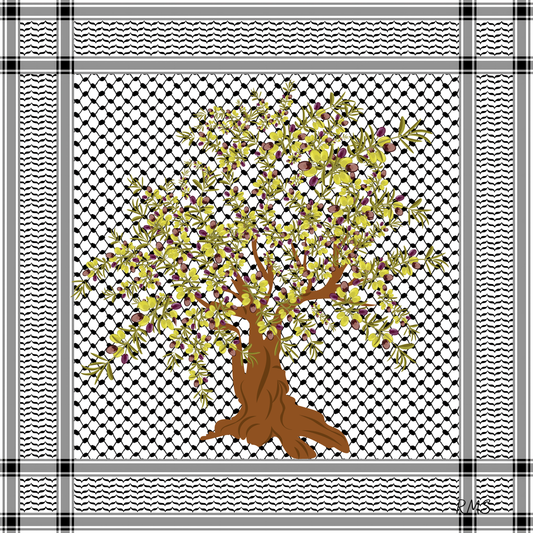 The 'Palestine and The Olive Tree' silk scarf, showing a design that blends abstract olive branches, symbolizing peace and steadfastness, with the classic kuffiyeh | Gifting Spree