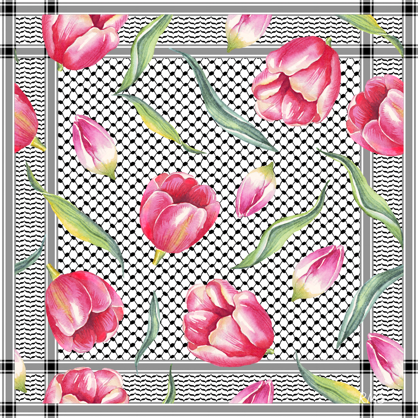 The 'Tulip Whispers of Palestine' silk scarf, showing a design that blends delicate tulips, symbolizing love and new beginnings, with the classic Palestinian kuffiyeh | Gifting Spree