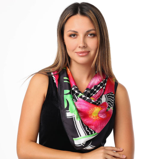 Elegant black silk scarf featuring Palestinian Kuffiyah and poppies – Gifting Spree
