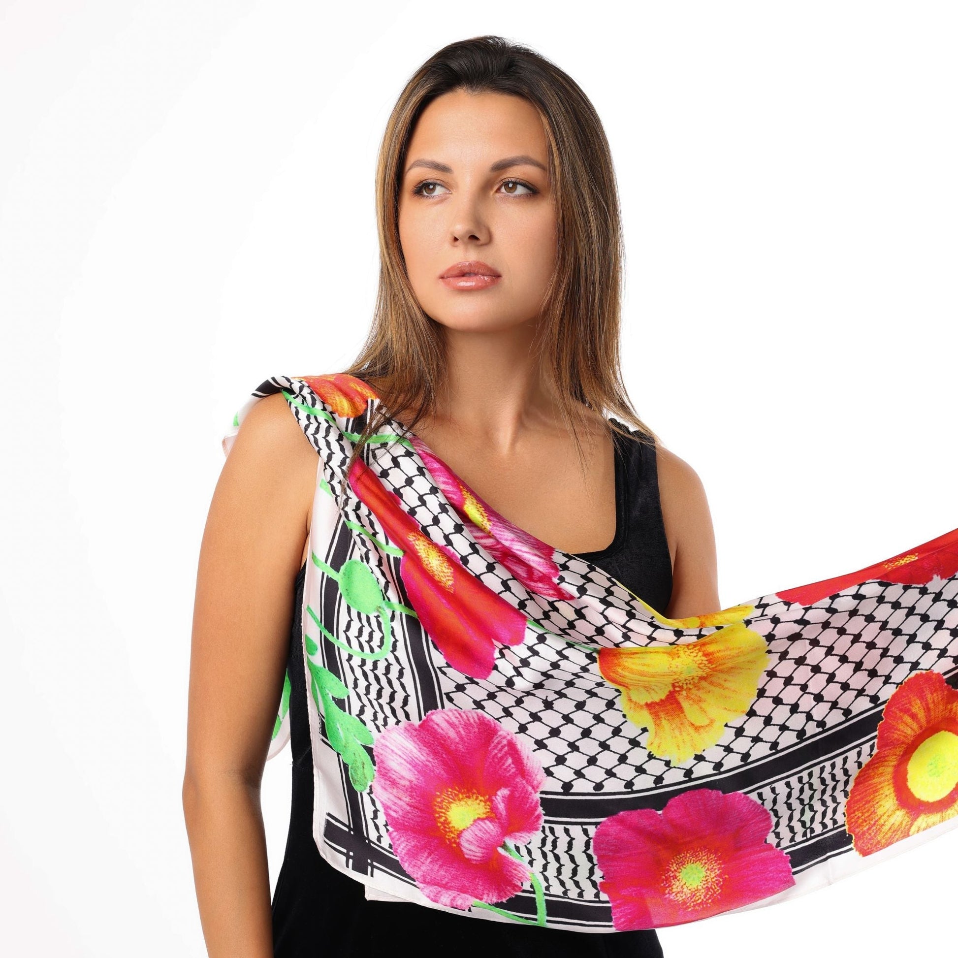 White Palestinian Kuffiyah silk scarf with red poppies – abstract design by Gifting Spree