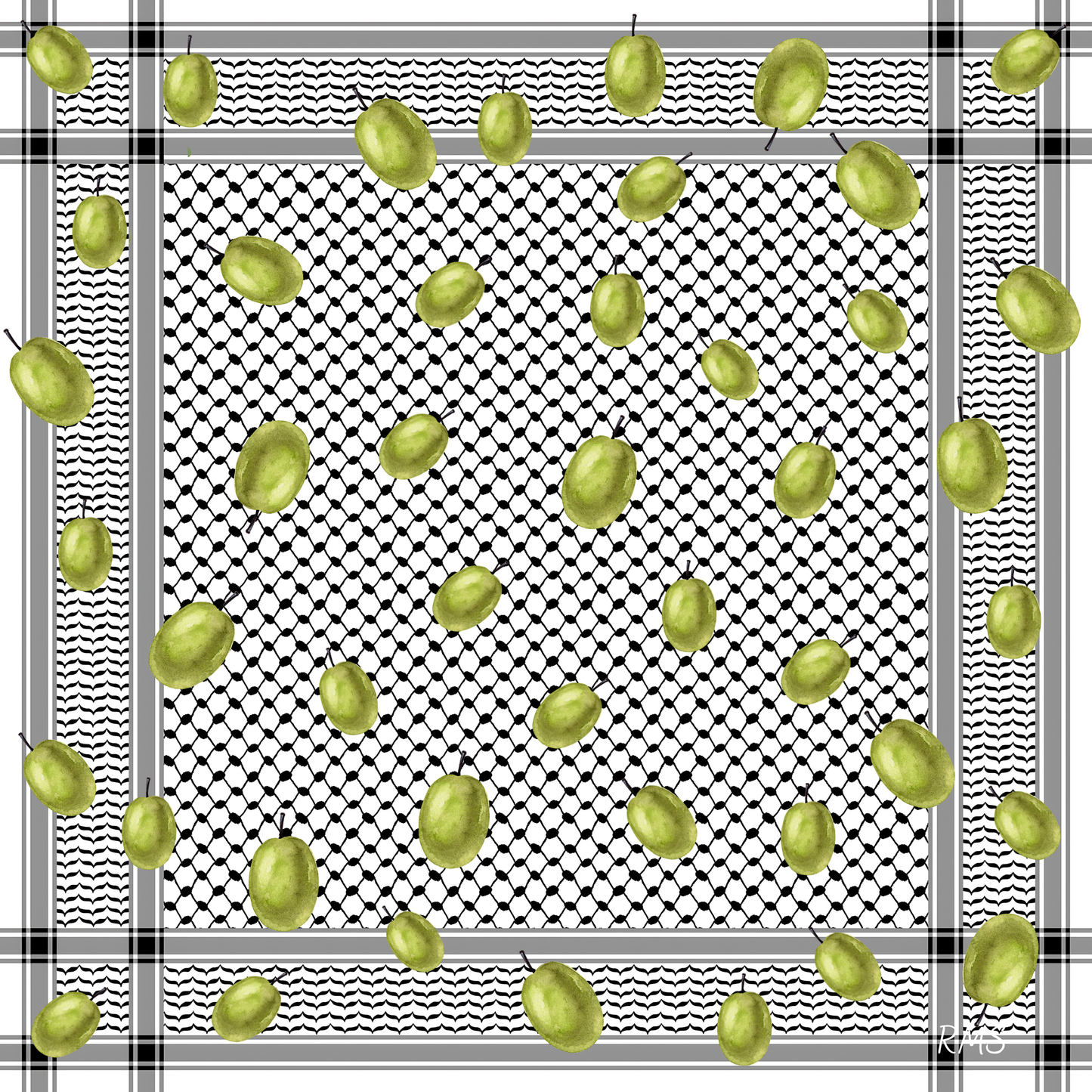 Close-up of the 'Palestine and Olives' pure silk scarf, detailing the high-definition print of olive branches on the intricate black and white kuffiyeh weave | Gifting Spree