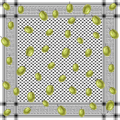 Close-up of the 'Palestine and Olives' pure silk scarf, detailing the high-definition print of olive branches on the intricate black and white kuffiyeh weave | Gifting Spree