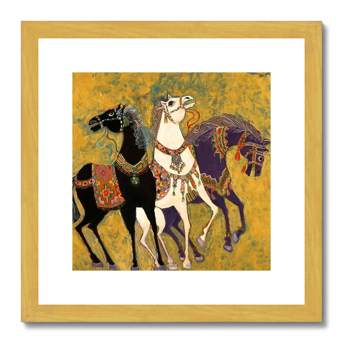 '3 Horses - Laila Shawa’s 1975 Masterpiece Reproduction Print '3 Horses' Antique Framed & Mounted Print Fine art kite-906693179 12"x12" / Gold Frame - Gifting Spree