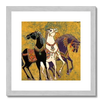 '3 Horses - Laila Shawa’s 1975 Masterpiece Reproduction Print '3 Horses' Antique Framed & Mounted Print Fine art kite-906693180 12"x12" / Silver Frame - Gifting Spree