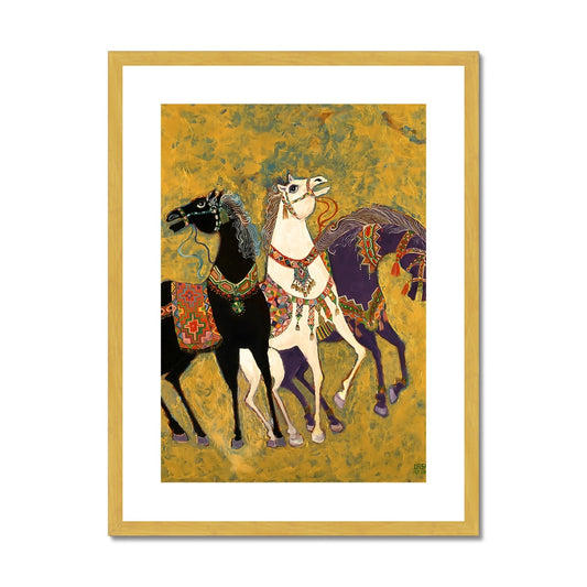 '3 Horses - Laila Shawa’s 1975 Masterpiece Reproduction Print '3 Horses' Antique Framed & Mounted Print Fine art kite-906693203 18"x24" / Gold Frame - Gifting Spree