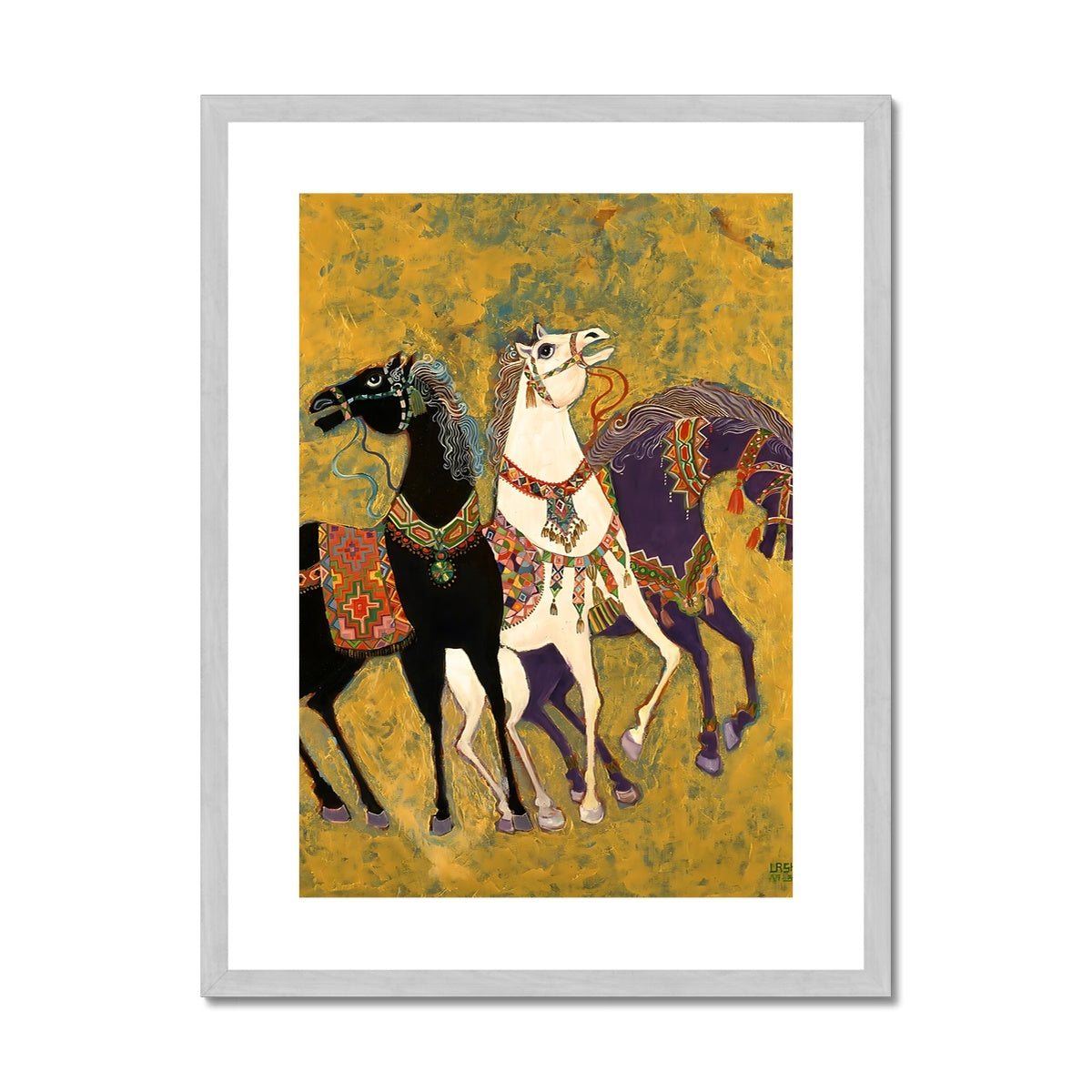 '3 Horses - Laila Shawa’s 1975 Masterpiece Reproduction Print '3 Horses' Antique Framed & Mounted Print Fine art kite-906693204 18"x24" / Silver Frame - Gifting Spree