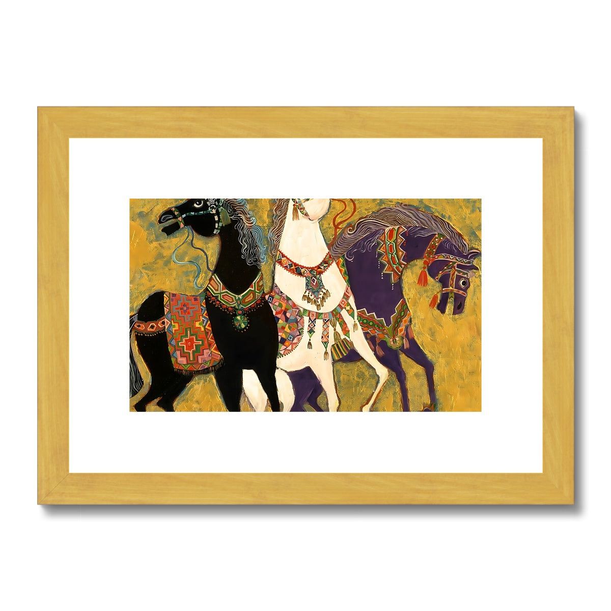 '3 Horses - Laila Shawa’s 1975 Masterpiece Reproduction Print '3 Horses' Antique Framed & Mounted Print Fine art kite-906693177 A4 Landscape / Gold Frame - Gifting Spree