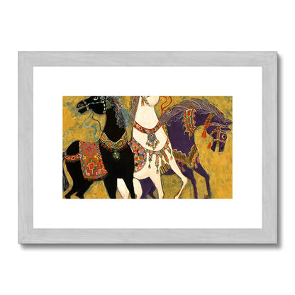 '3 Horses - Laila Shawa’s 1975 Masterpiece Reproduction Print '3 Horses' Antique Framed & Mounted Print Fine art kite-906693178 A4 Landscape / Silver Frame - Gifting Spree