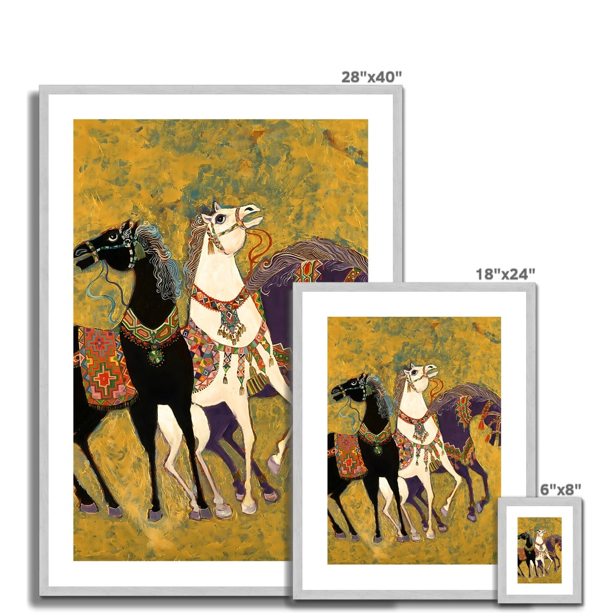 '3 Horses - Laila Shawa’s 1975 Masterpiece Reproduction Print '3 Horses' Antique Framed & Mounted Print Fine art - Gifting Spree