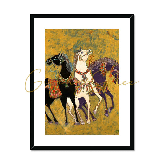 “3 Horses” - Laila Shawa’s 1975 Artwork Framed & Mounted Print '3 Horses' Framed & Mounted Print Fine art kite-906693012 6"x8" / Black Frame - Gifting Spree