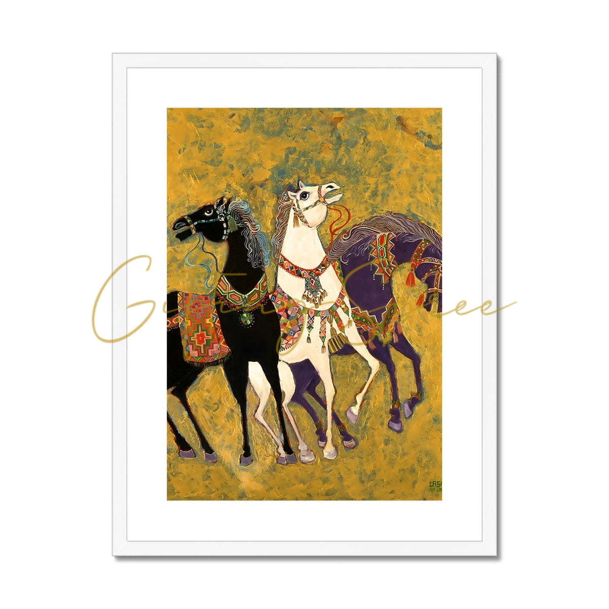 “3 Horses” - Laila Shawa’s 1975 Artwork Framed & Mounted Print '3 Horses' Framed & Mounted Print Fine art kite-906693013 6"x8" / White Frame - Gifting Spree