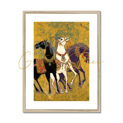 “3 Horses” - Laila Shawa’s 1975 Artwork Framed & Mounted Print '3 Horses' Framed & Mounted Print Fine art kite-906693014 6"x8" / Natural Frame - Gifting Spree