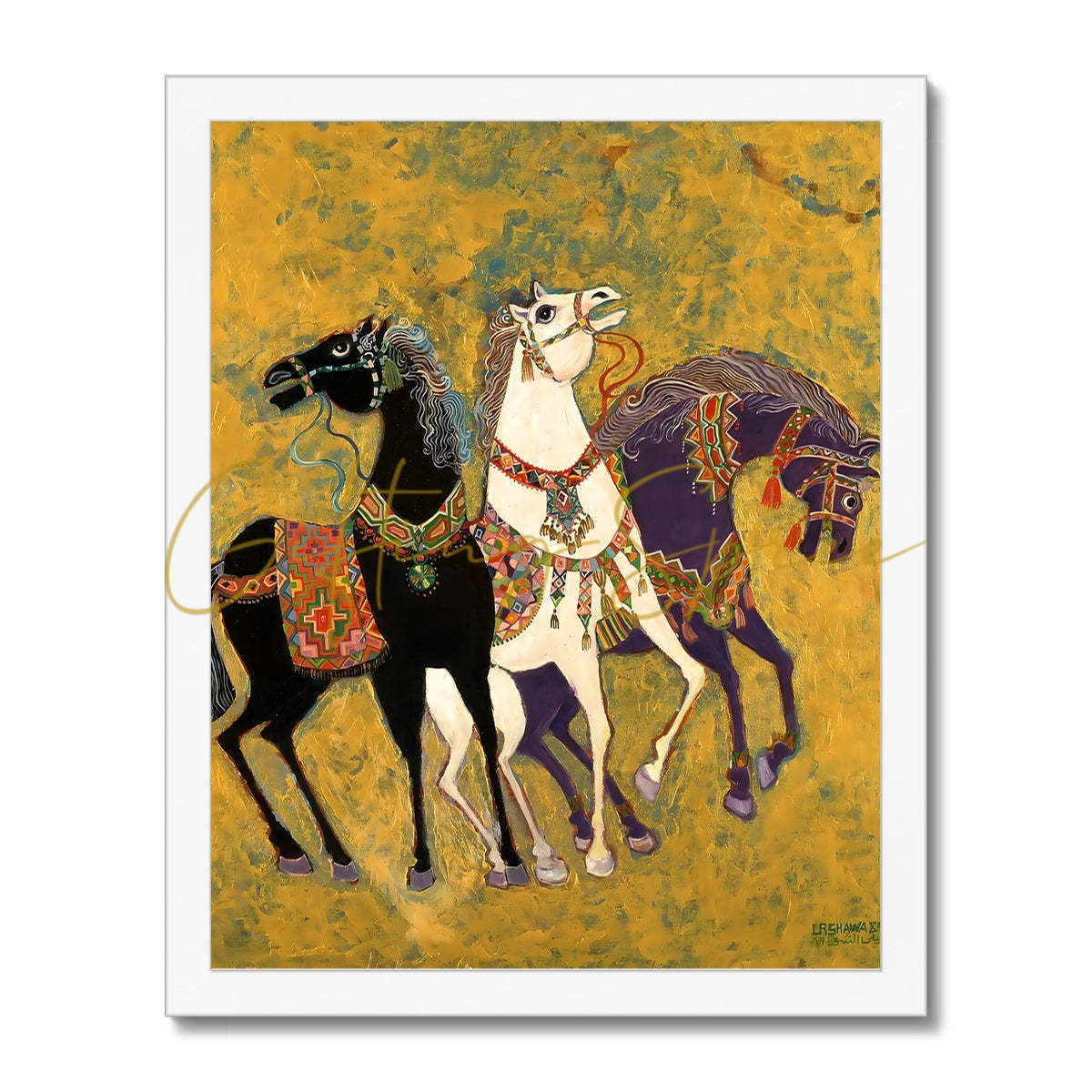 “3 Horses” - Laila Shawa’s 1975 Artwork Framed Print '3 Horses' Framed Print Fine art kite-906692935 11"x14" / White Frame - Gifting Spree