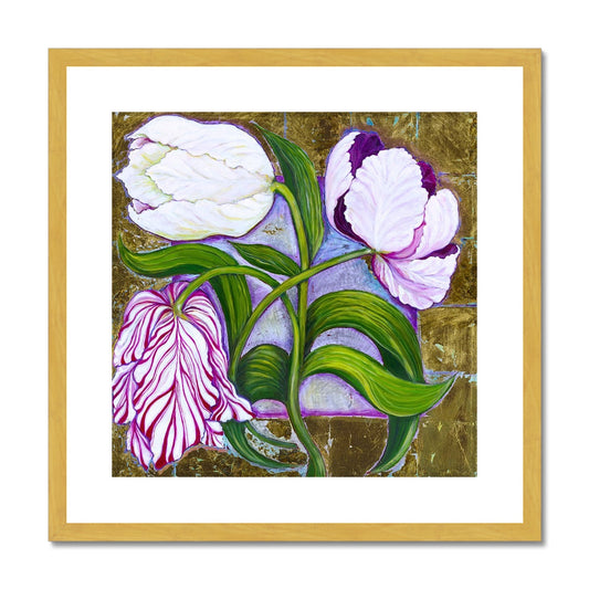 3 Tulips Antique Framed & Mounted Print Fine art kite-916206373 20"x20" / Gold Frame - Gifting Spree