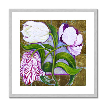 3 Tulips Antique Framed & Mounted Print Fine art kite-916206374 20"x20" / Silver Frame - Gifting Spree