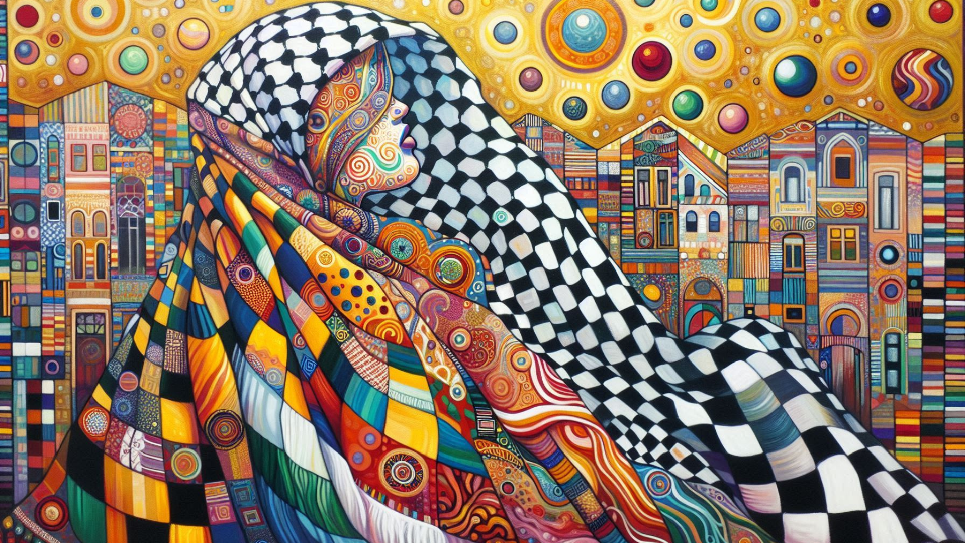 Gifting Spree Home Page Slideshow banner featuring abstract art of the Palestinian Kuffiyeh in a Gustav Klimt adaptation