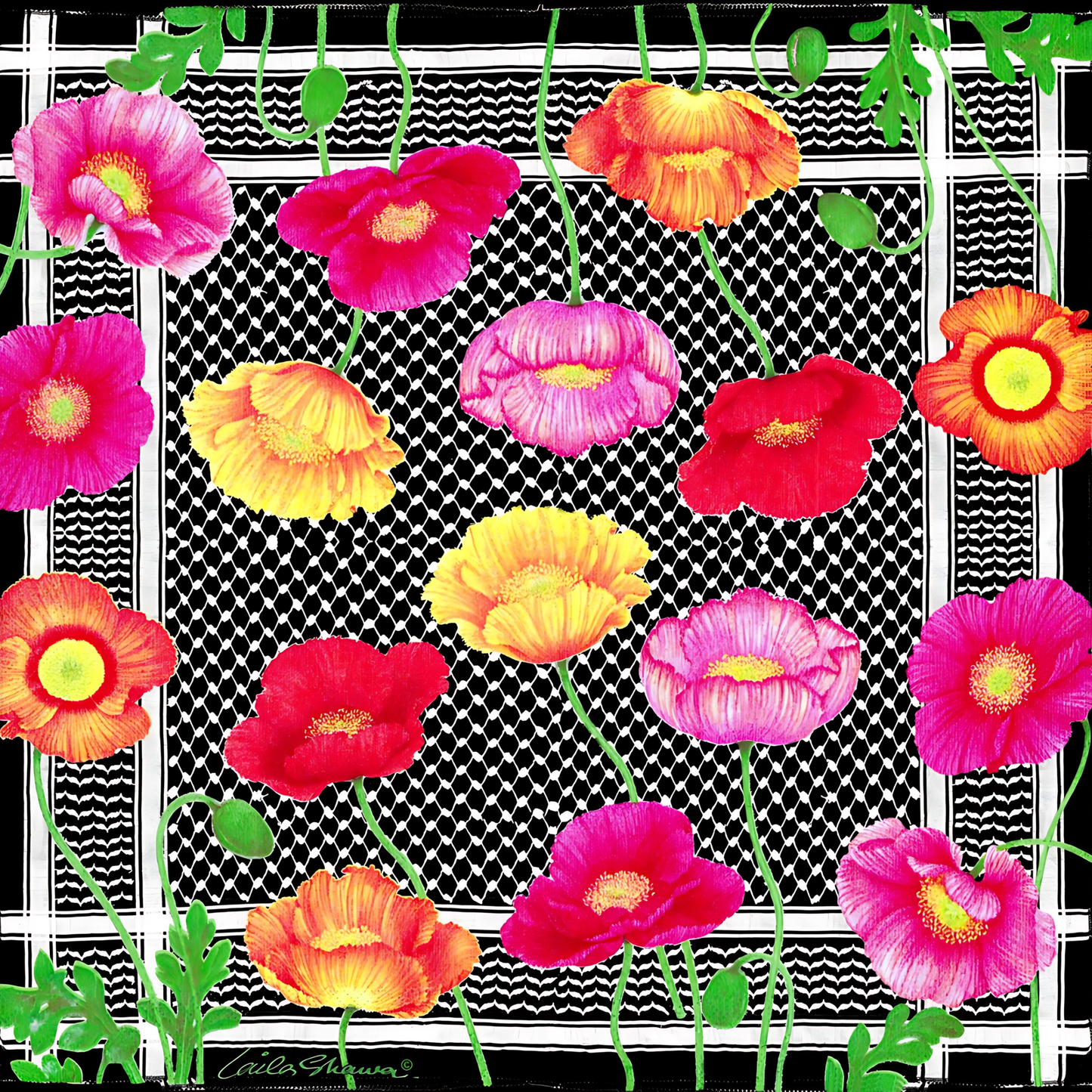 Palestinian Poppy Fields (Black) Kuffiyeh Silk Scarf - Laila Shawa