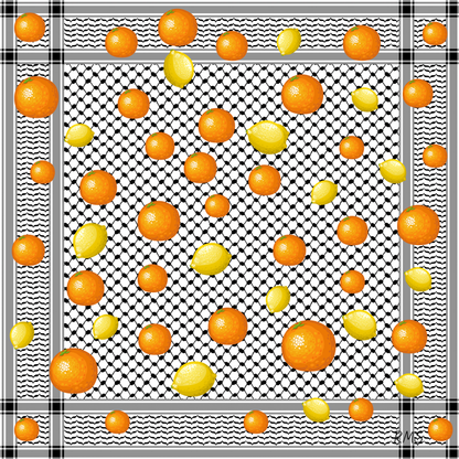 A limited-edition silk scarf designed as a tribute to Gaza's agricultural heritage, featuring a unique pattern of oranges and lemons on a kuffiyeh backdrop | Gifting Spree