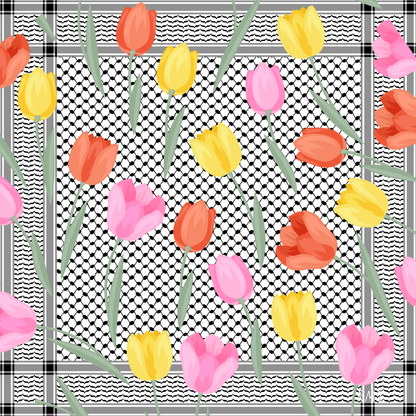 A square silk scarf (110x110cm) with a vibrant, double-sided print showing tulip flowers on the iconic Palestinian kuffiyeh pattern | Gifting Spree