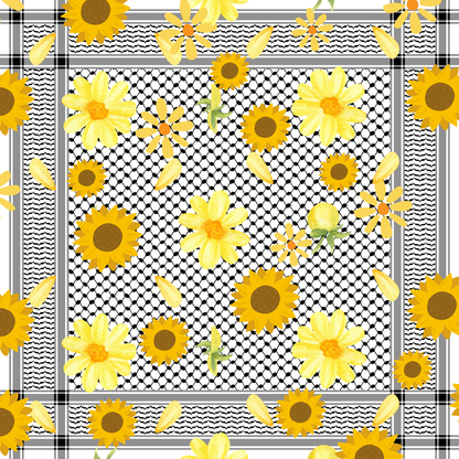 A limited-edition silk scarf designed as a tribute, featuring a unique sunflower and kuffiyeh pattern to celebrate resilience and unwavering hope | Gifting Spree