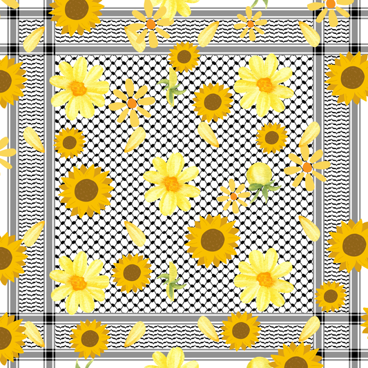 A limited-edition silk scarf designed as a tribute, featuring a unique sunflower and kuffiyeh pattern to celebrate resilience and unwavering hope | Gifting Spree