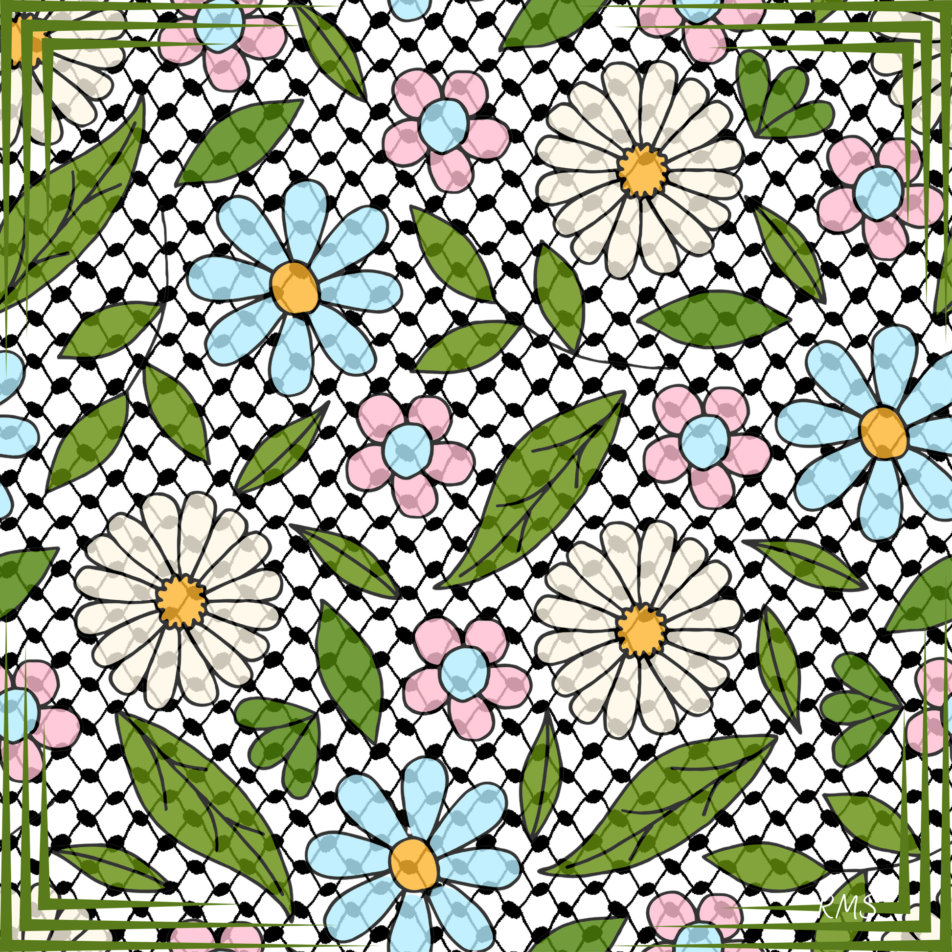 The 'Palestine Potpourri' silk scarf, showing a design that blends a joyful meadow of wildflowers, symbolizing resilient beauty, with the classic Palestinian kuffiyeh | Gifting Spree