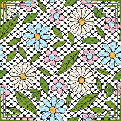 The 'Palestine Potpourri' silk scarf, showing a design that blends a joyful meadow of wildflowers, symbolizing resilient beauty, with the classic Palestinian kuffiyeh | Gifting Spree