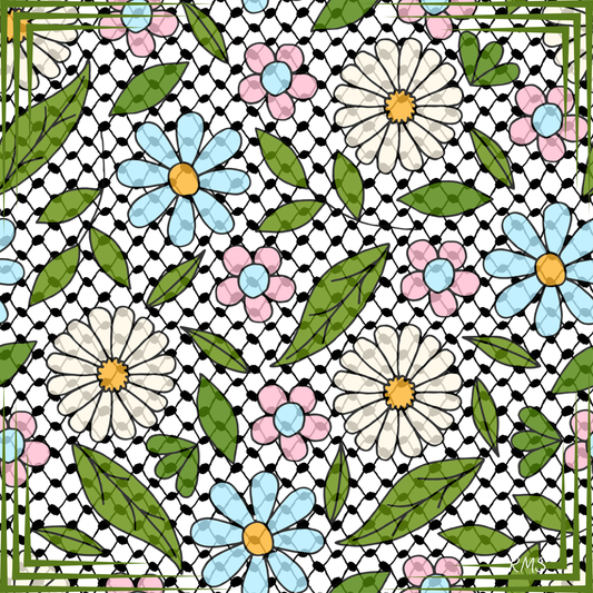 The 'Palestine Potpourri' silk scarf, showing a design that blends a joyful meadow of wildflowers, symbolizing resilient beauty, with the classic Palestinian kuffiyeh | Gifting Spree