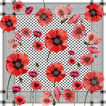A 100% pure silk scarf featuring a vibrant pattern of red poppies blooming over the traditional black and white Palestinian kuffiyeh design | Gifting Spree