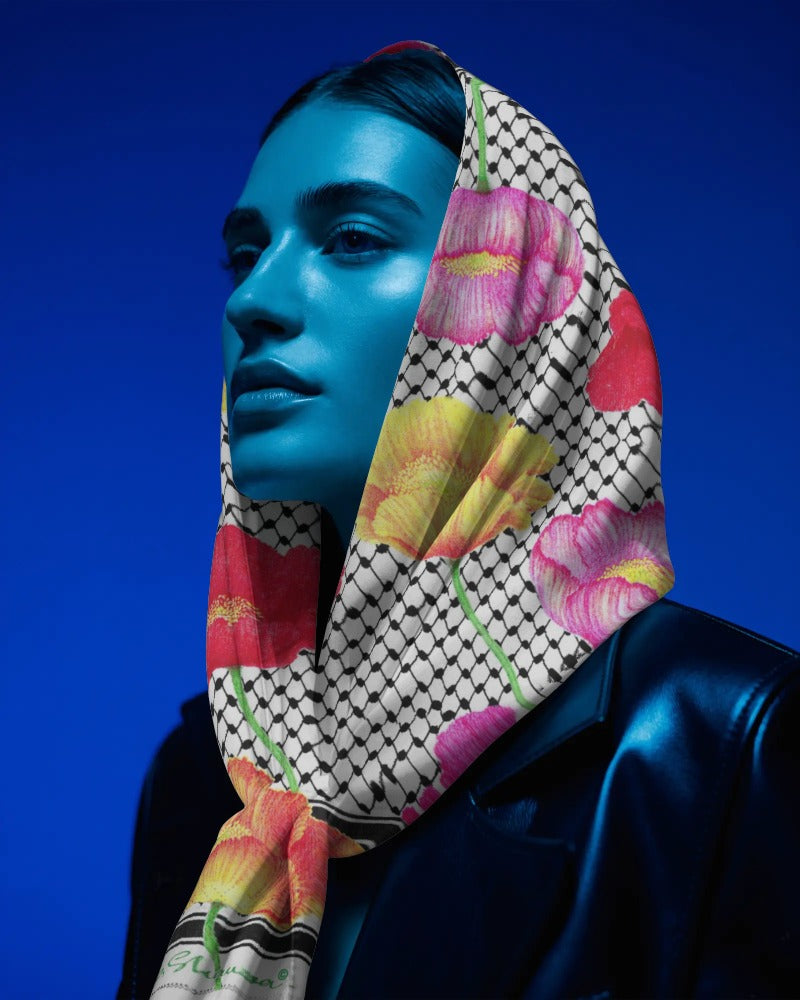 Palestinian Poppy Fields (Classic White) Kuffiyeh Silk Scarf - Laila Shawa