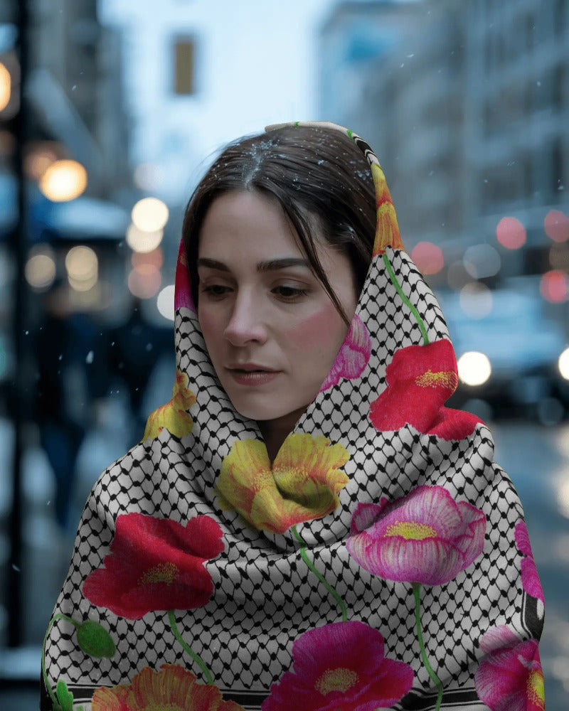 Palestinian Poppy Fields (Classic White) Kuffiyeh Silk Scarf - Laila Shawa