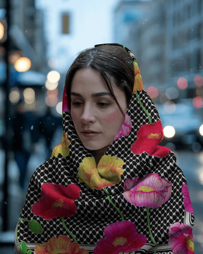 Palestinian Poppy Fields (Black) Kuffiyeh Silk Scarf - Laila Shawa