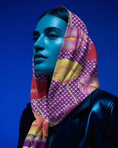 Palestinian Poppy Fields (Purple) Kuffiyeh Silk Scarf - Laila Shawa
