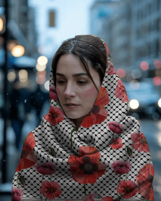 Palestine and Red Poppy Kuffiyeh Silk Scarf