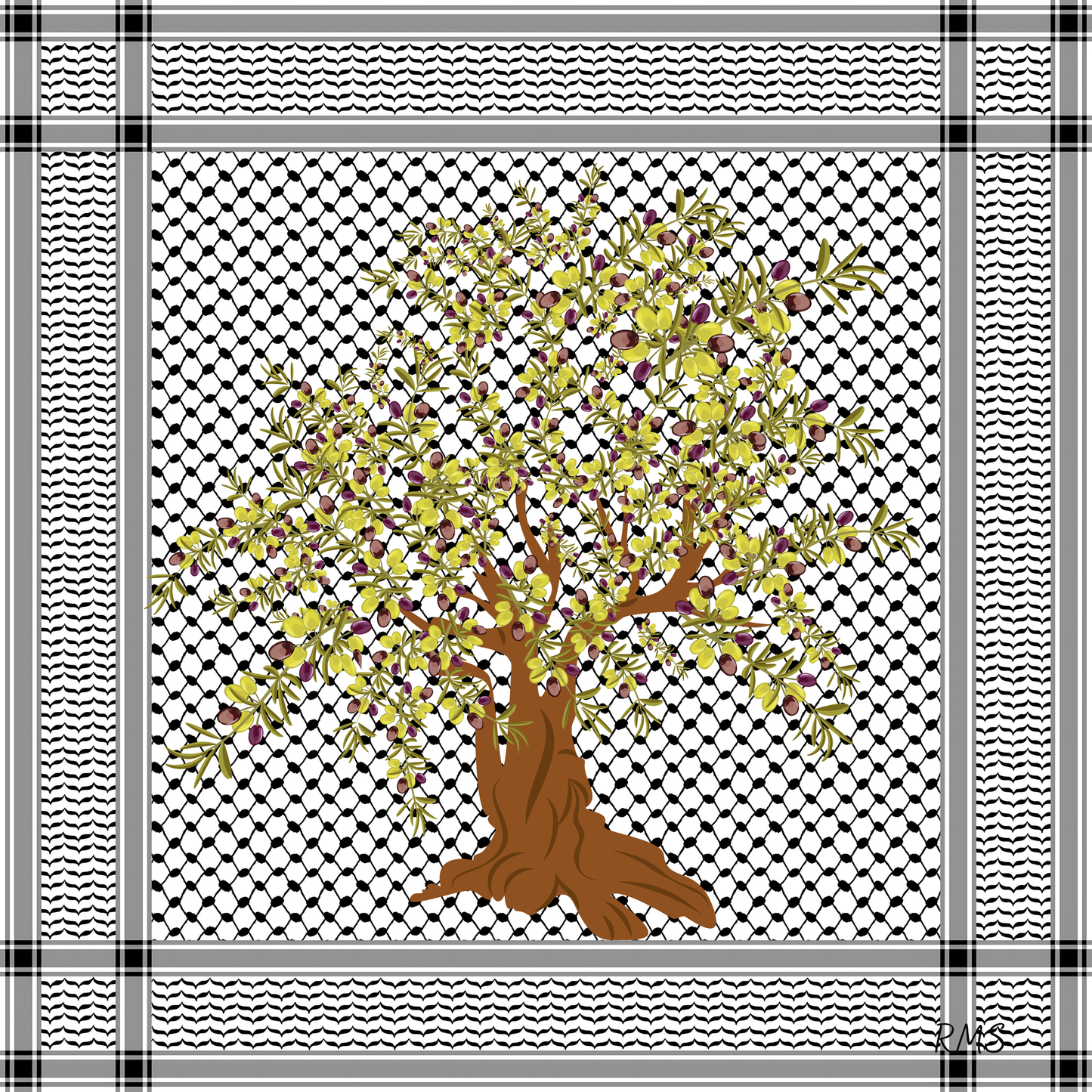 The 'Palestine and The Olive Tree' silk scarf, showing a design that blends abstract olive branches, symbolizing peace and steadfastness, with the classic kuffiyeh | Gifting Spree