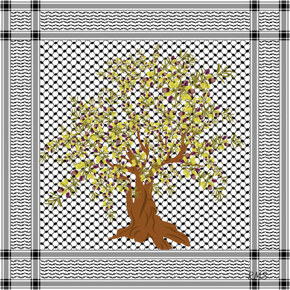 The 'Palestine and The Olive Tree' silk scarf, showing a design that blends abstract olive branches, symbolizing peace and steadfastness, with the classic kuffiyeh | Gifting Spree