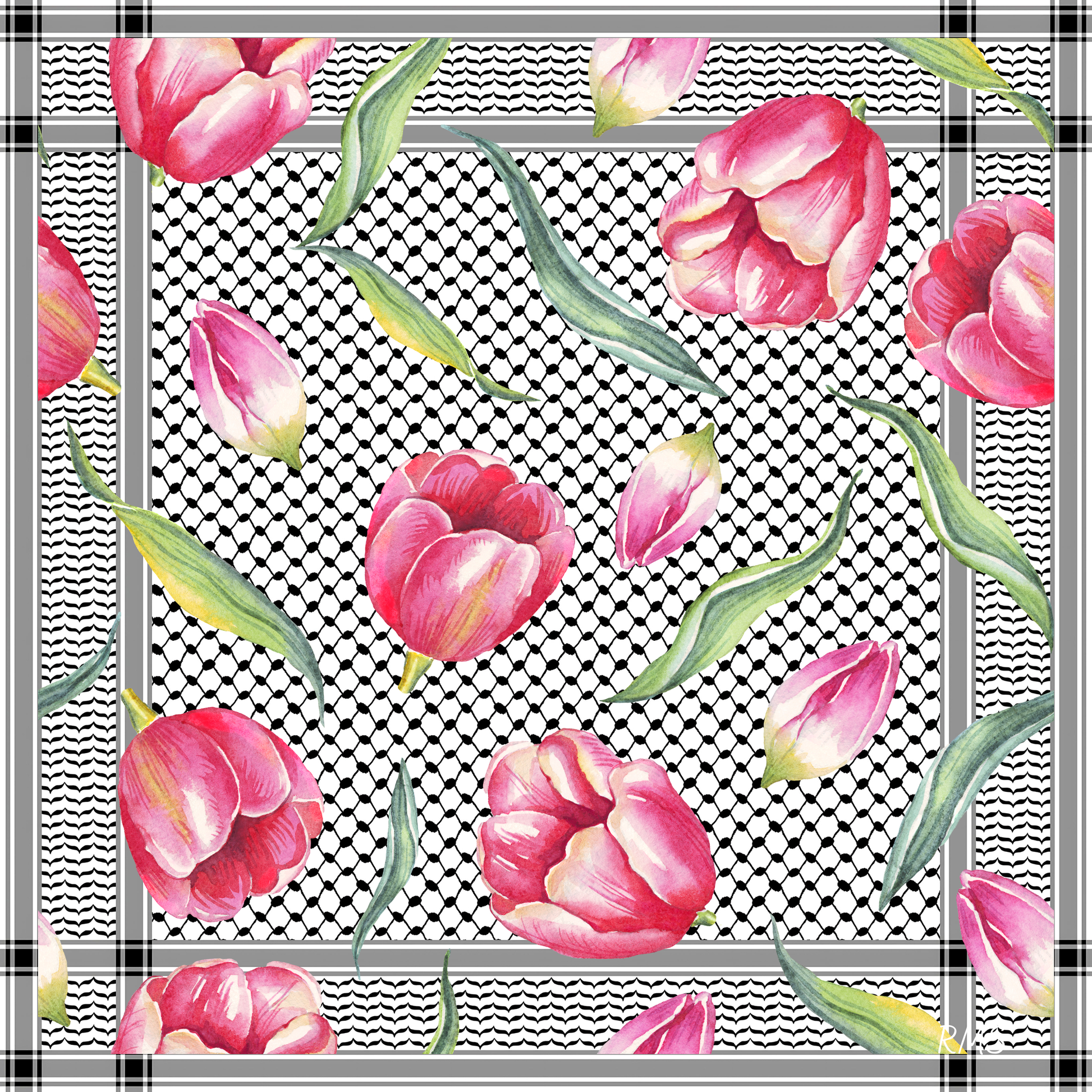 The 'Tulip Whispers of Palestine' silk scarf, showing a design that blends delicate tulips, symbolizing love and new beginnings, with the classic Palestinian kuffiyeh | Gifting Spree
