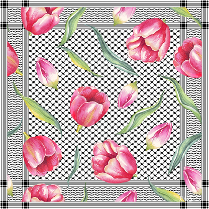 The 'Tulip Whispers of Palestine' silk scarf, showing a design that blends delicate tulips, symbolizing love and new beginnings, with the classic Palestinian kuffiyeh | Gifting Spree
