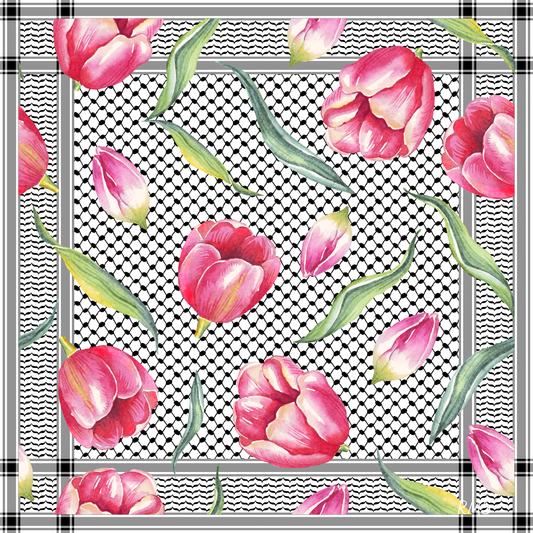 The 'Tulip Whispers of Palestine' silk scarf, showing a design that blends delicate tulips, symbolizing love and new beginnings, with the classic Palestinian kuffiyeh | Gifting Spree